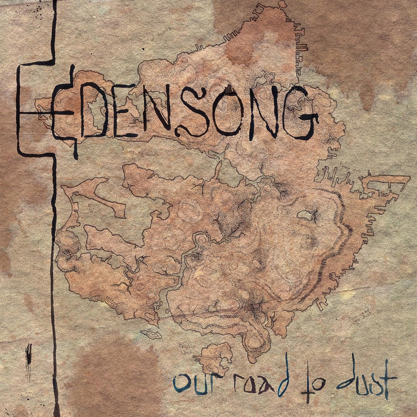 Edensong album cover, “Our Road To Dust”, illustrated map in sepia tones.