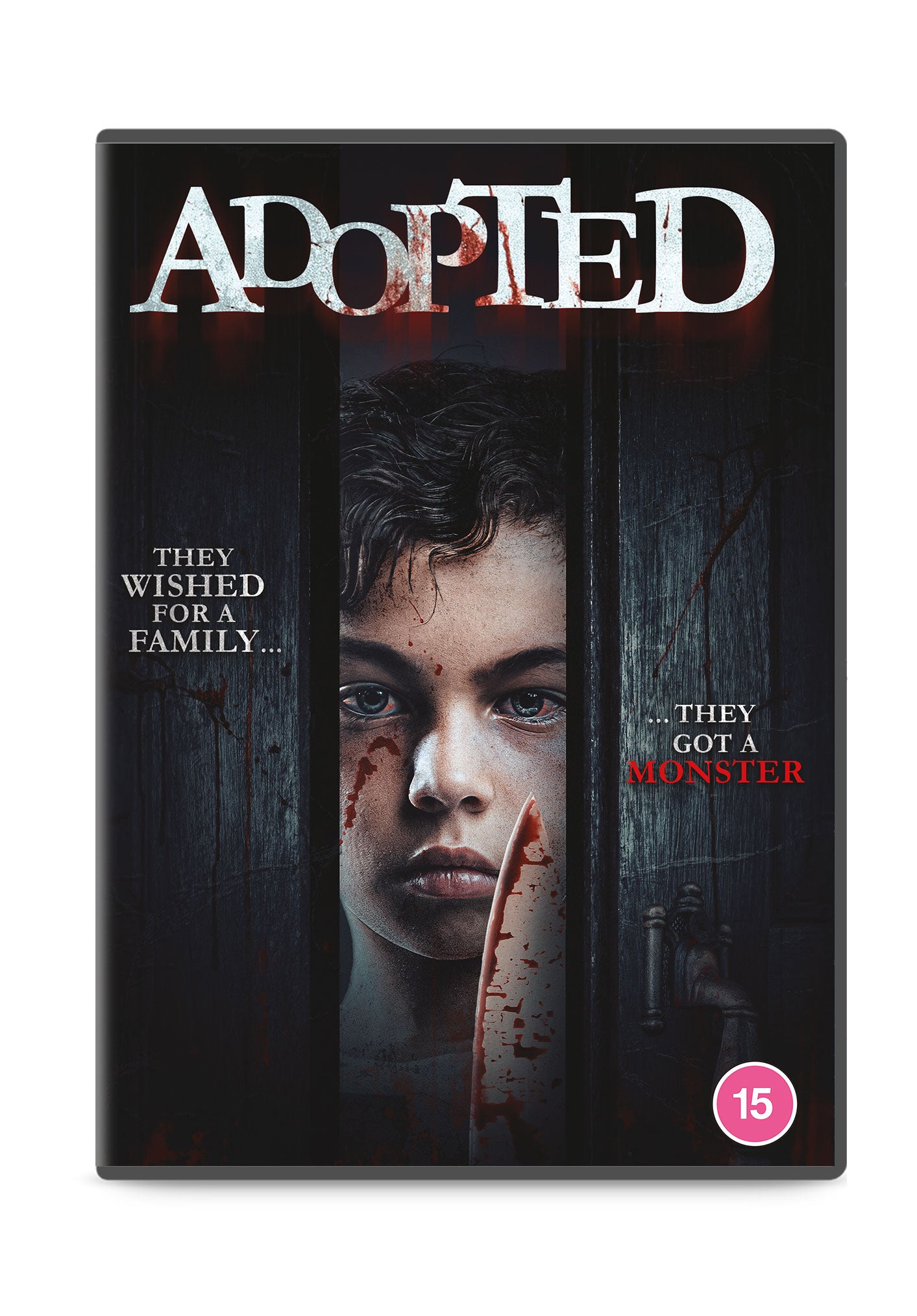 DVD cover art showing a child holding a bloodied knife behind a dark door.