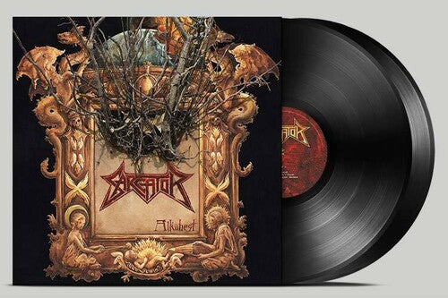 Black vinyl record of Sarcator’s “Alkahest” album in a protective sleeve.