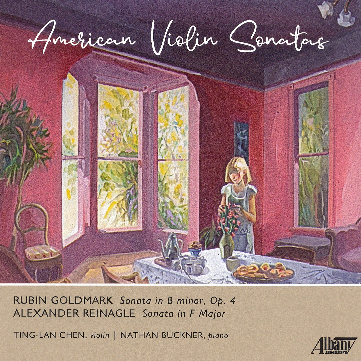 CD cover: a red room with a violin and piano, titled "American Violin Sonatas".