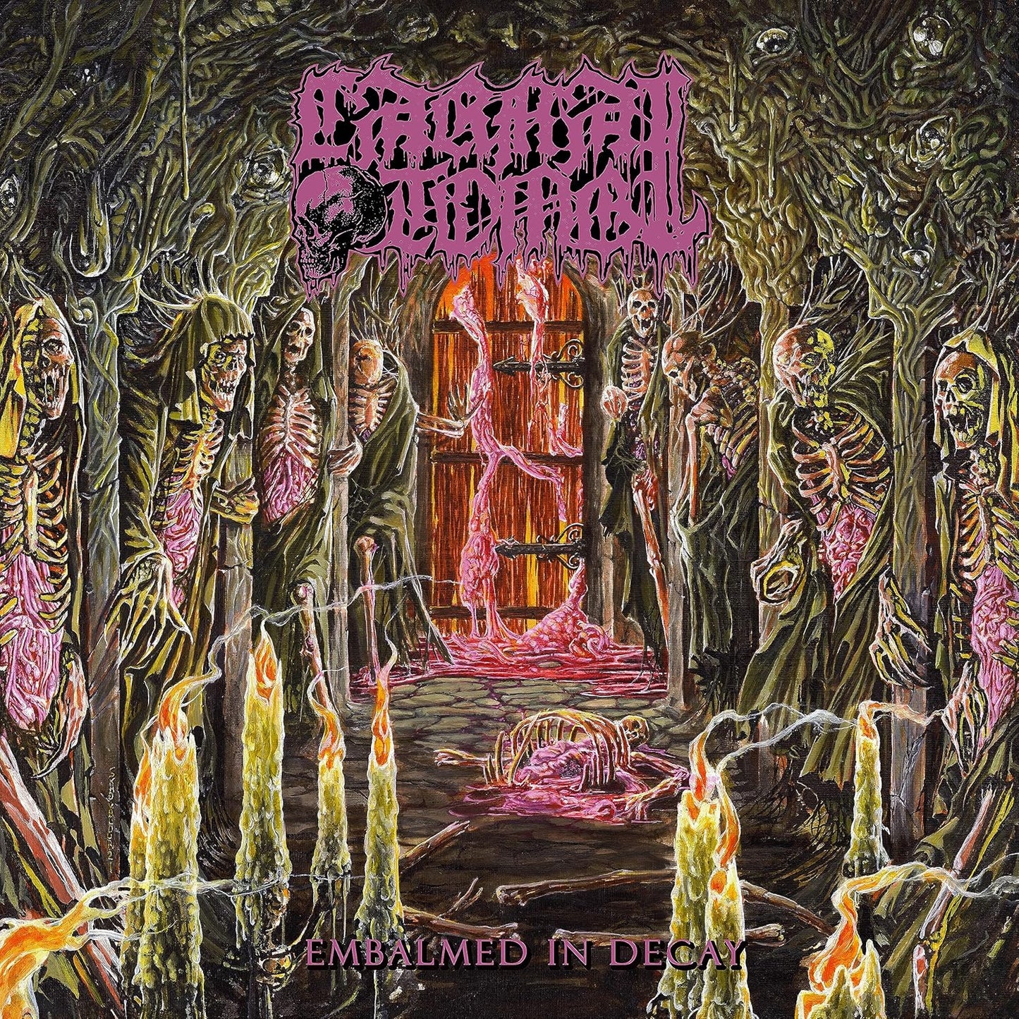 Album cover: skeletal figures surround a decaying doorway with flames.