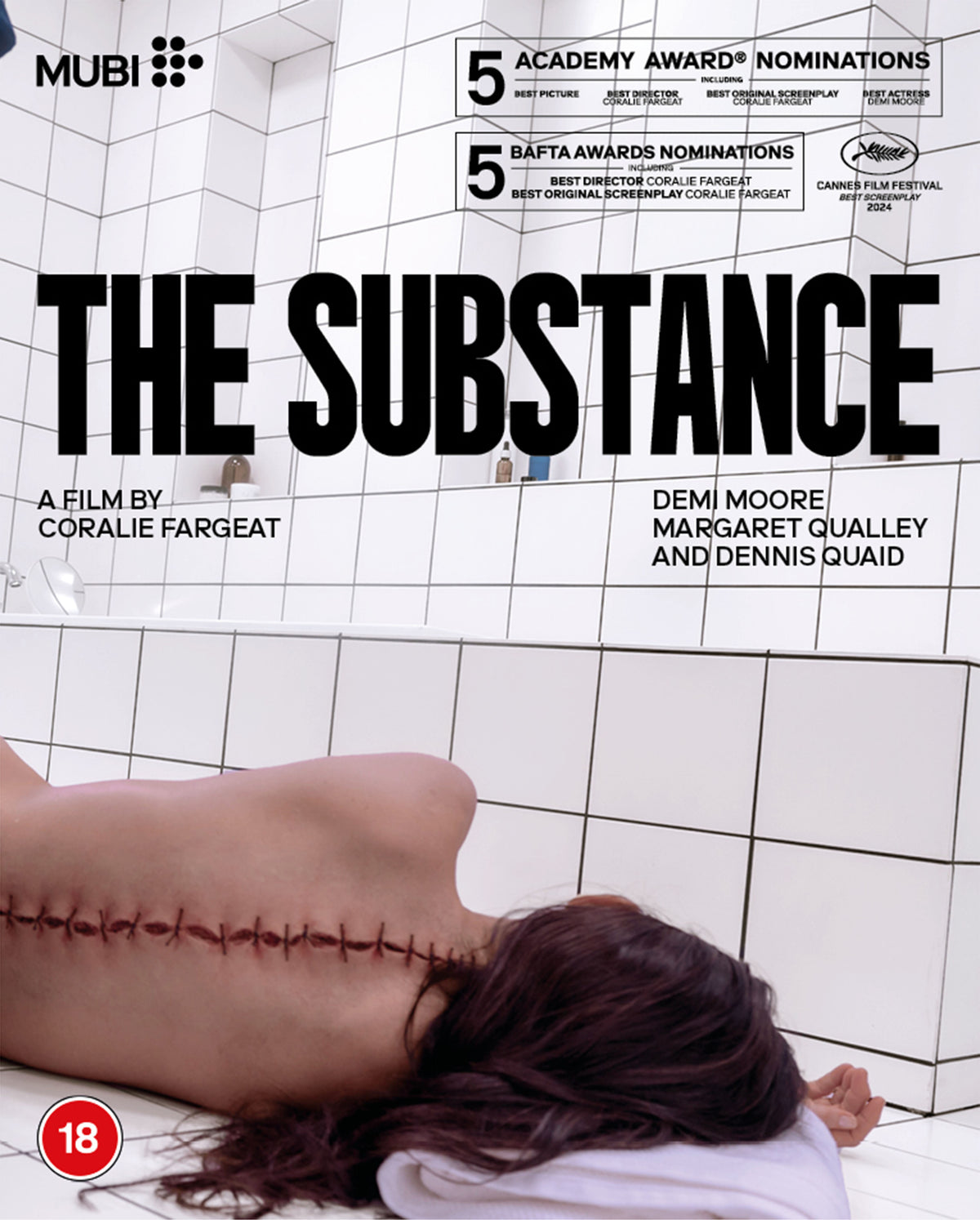 The Substance" Blu-ray cover: woman with stitched back in tiled room.