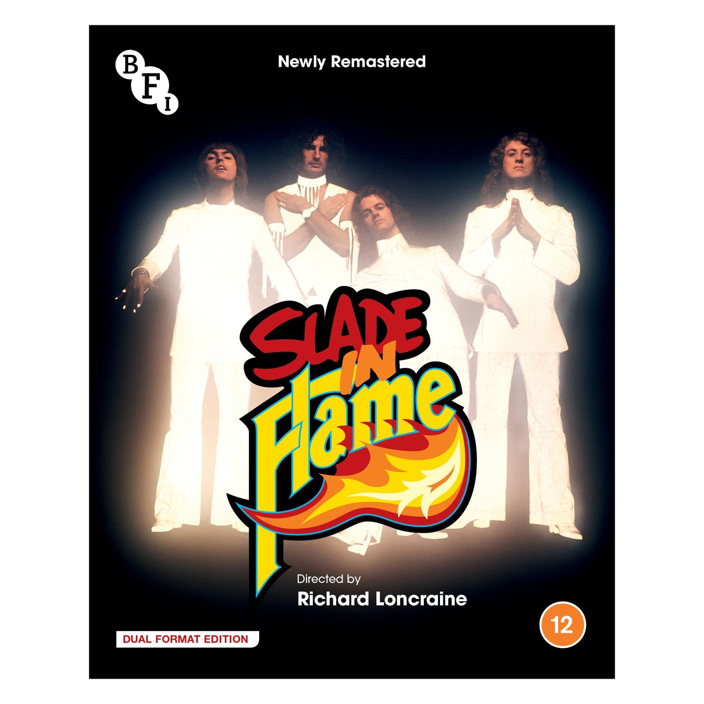 Cover of "SLADE IN FLAME" Blu-ray featuring four people in white outfits.