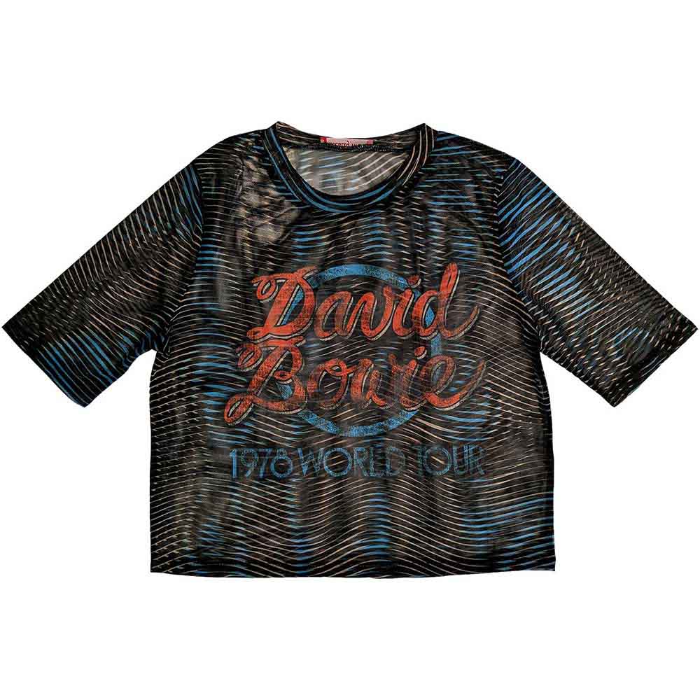 Black mesh crop top featuring 1984 David Bowie World Tour imagery, size X-Large.