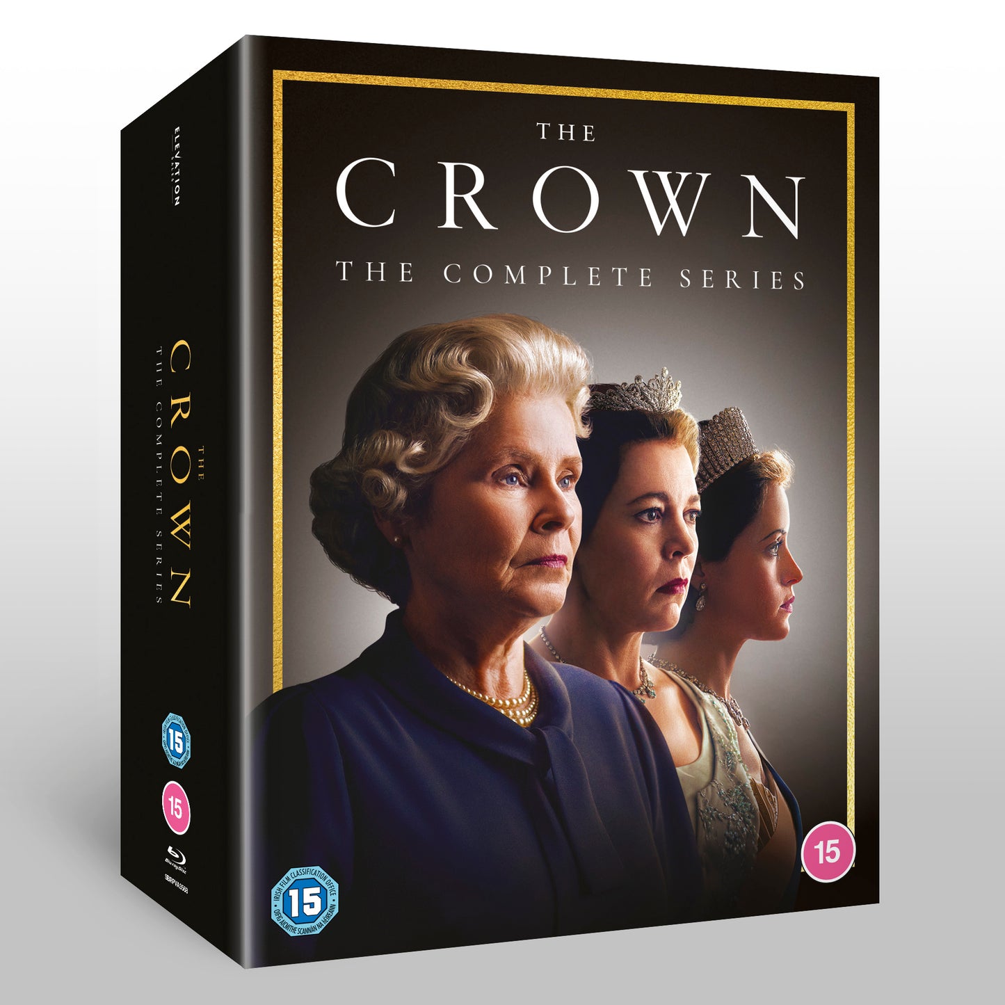 The Crown Complete Series Blu-ray box set featuring three actresses portraying Queen Elizabeth II.