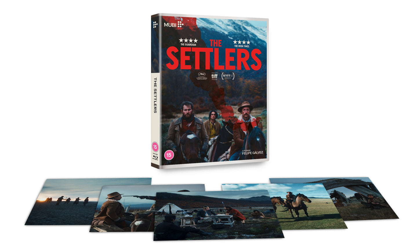 Blu-ray cover for "The Settlers" featuring three weathered people on horseback.