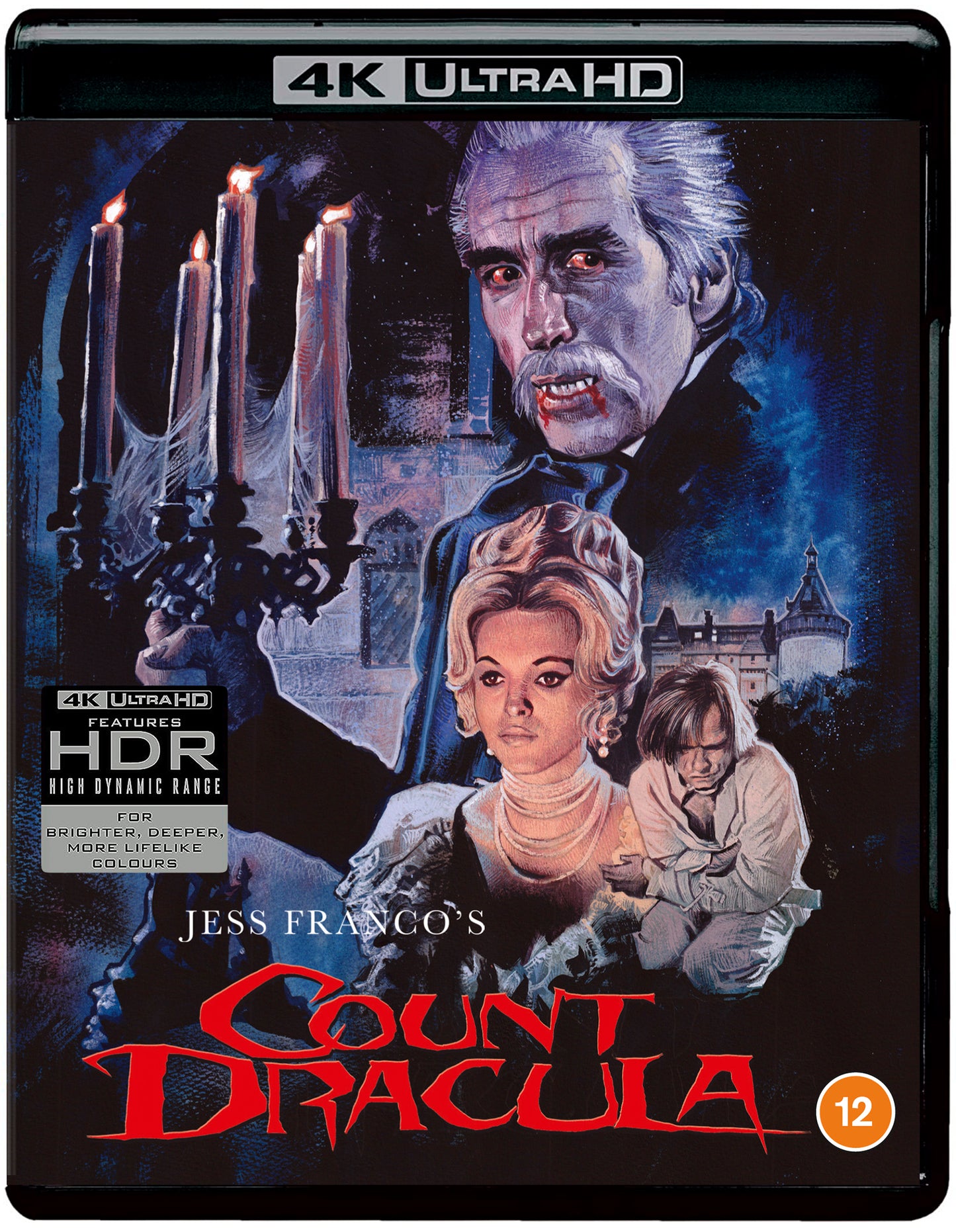 Count Dracula Blu-ray cover featuring a vampire, castle, and frightened woman.