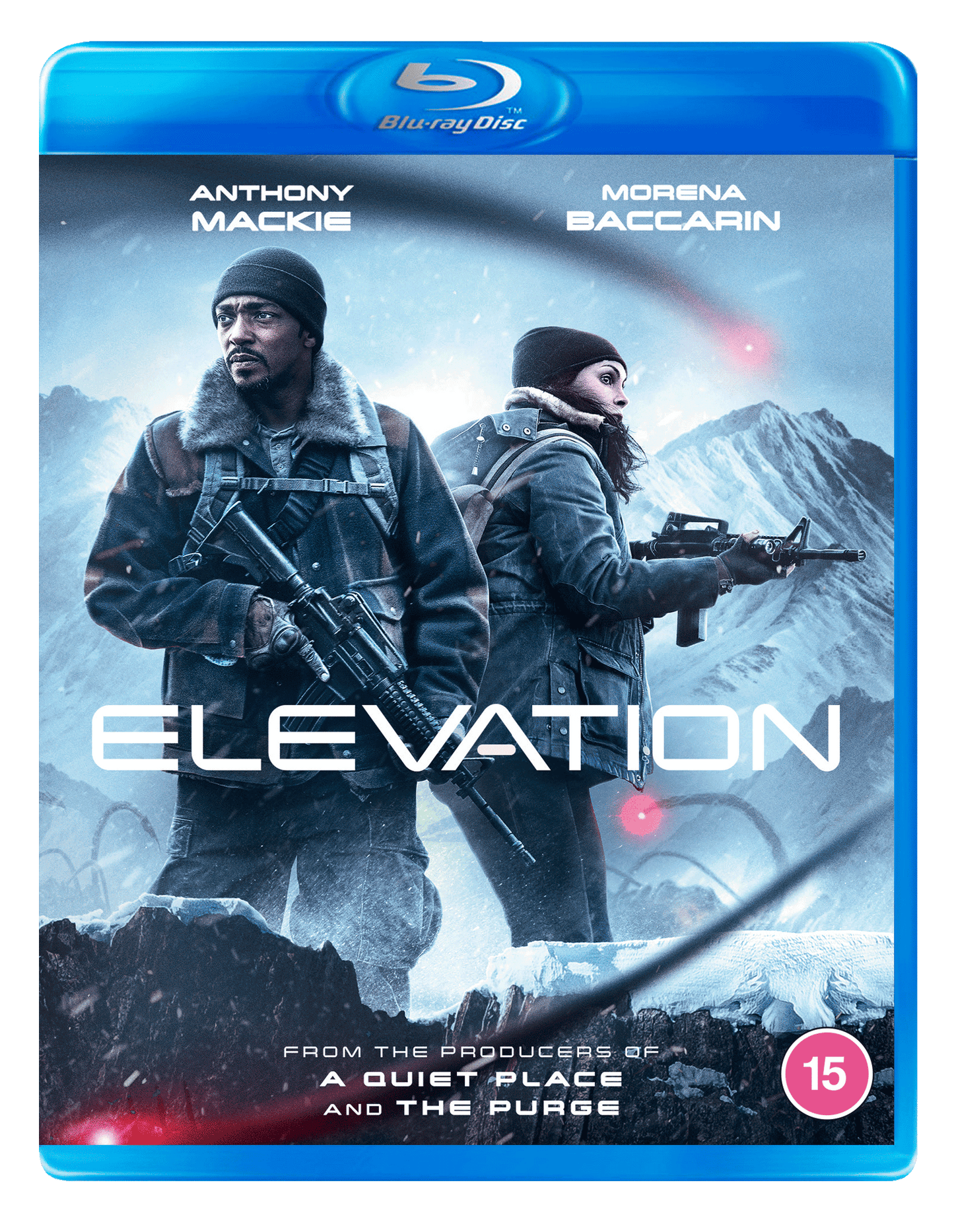 Blu-ray cover for Elevation featuring Anthony Mackie and Morena Baccarin in a snowy landscape.