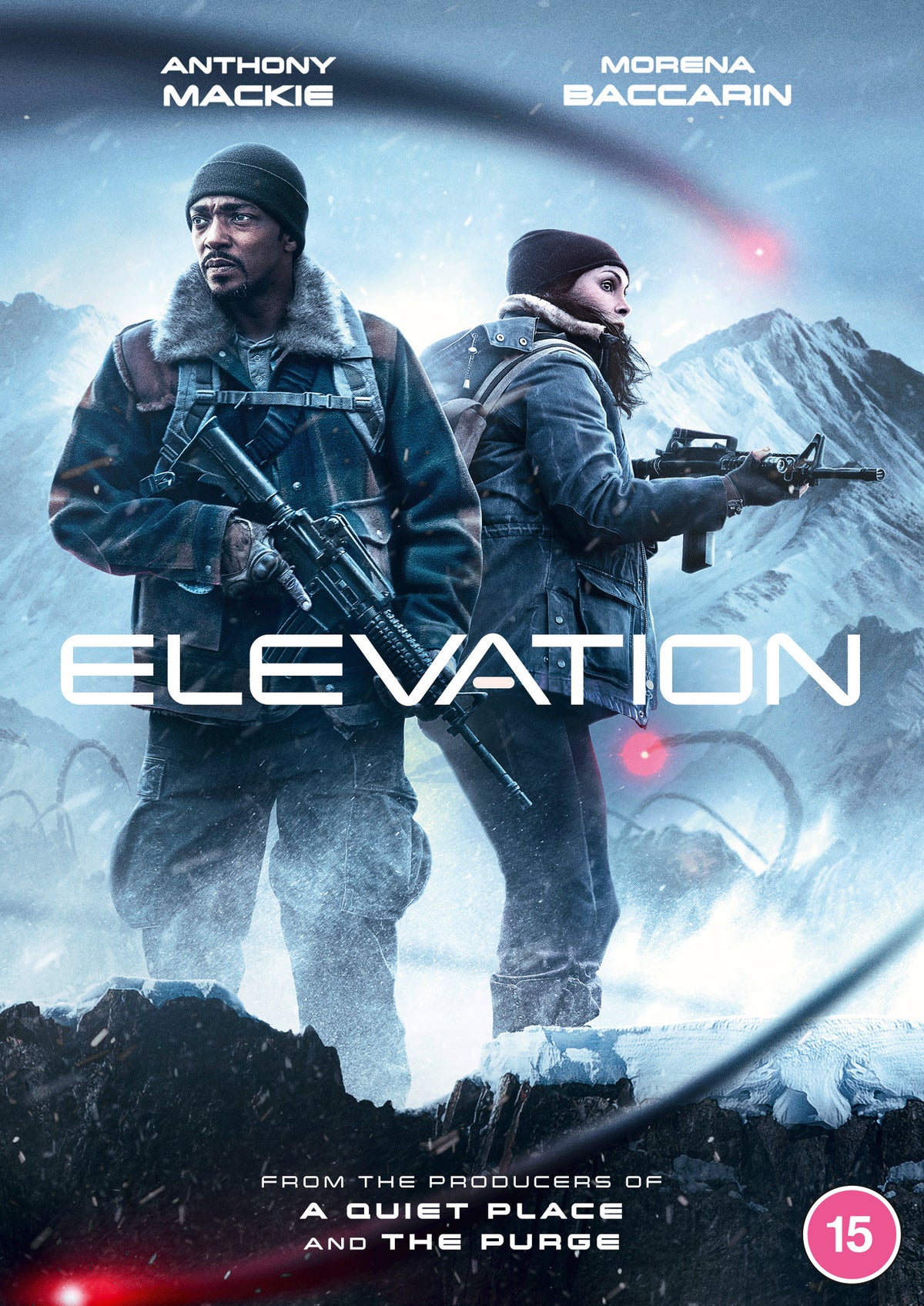 Movie poster for "Elevation" featuring two people in snowy mountains with rifles.