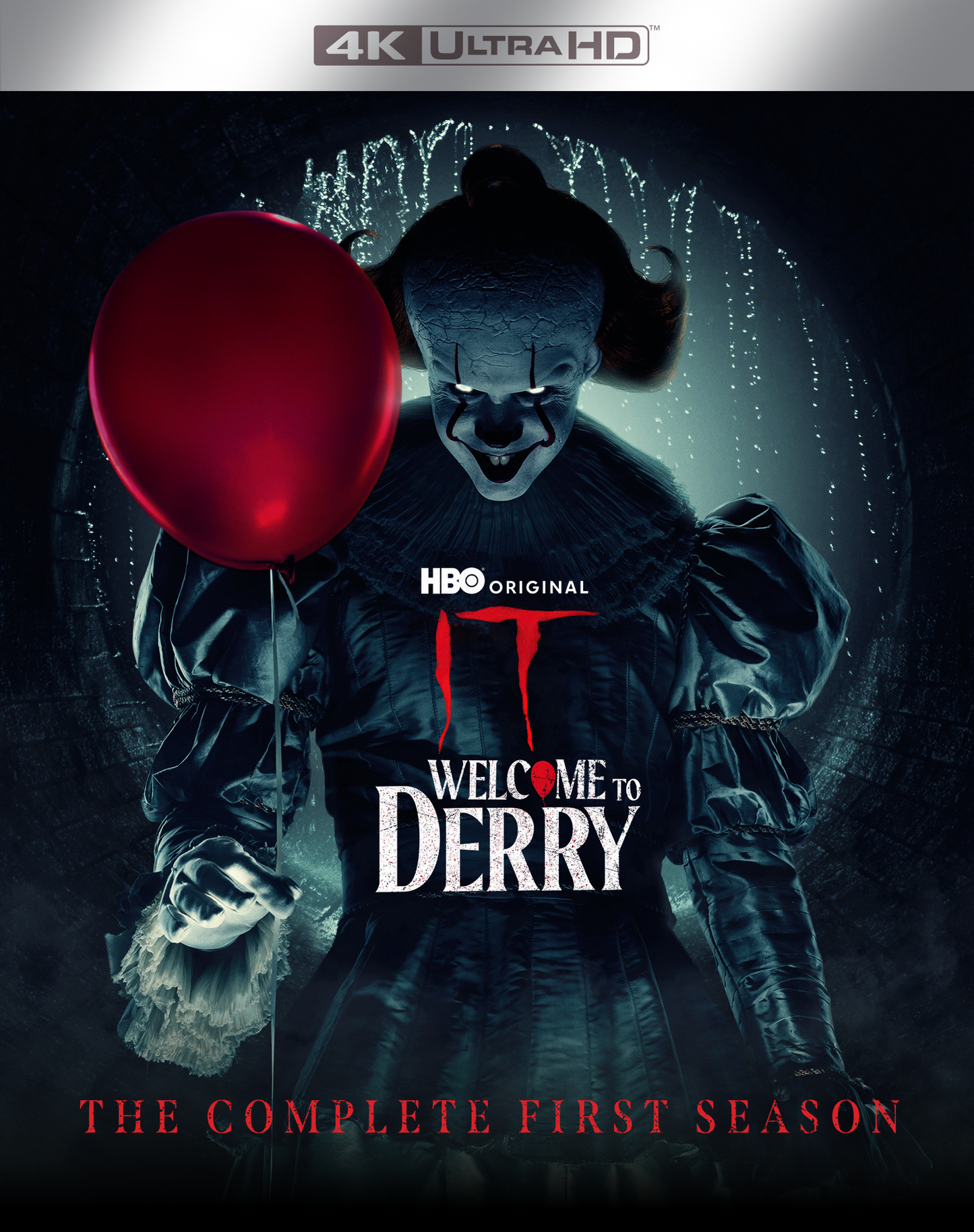 Pennywise the clown holding a red balloon, "IT: Welcome To Derry" Blu-ray cover.