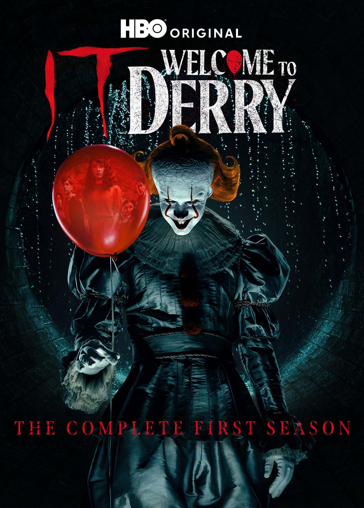 Pennywise the clown holding a red balloon, dark and ominous background.