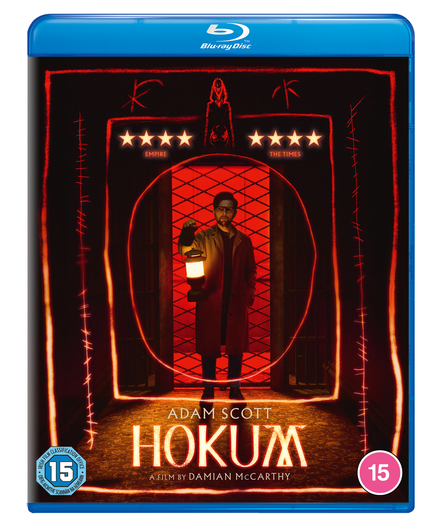 Blu-ray cover for "Hokum" featuring a man with a lantern in a doorway.