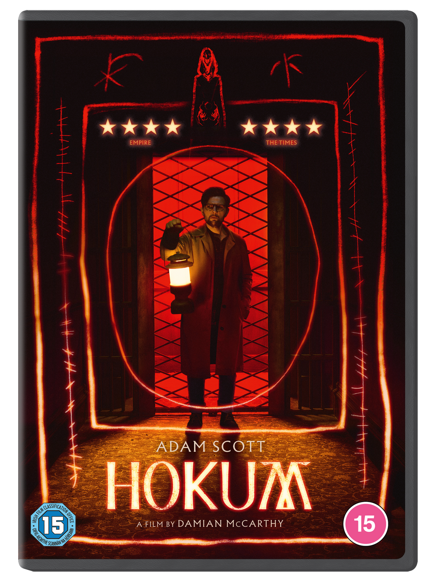 DVD cover for horror film "Hokum" featuring a man with a lantern.