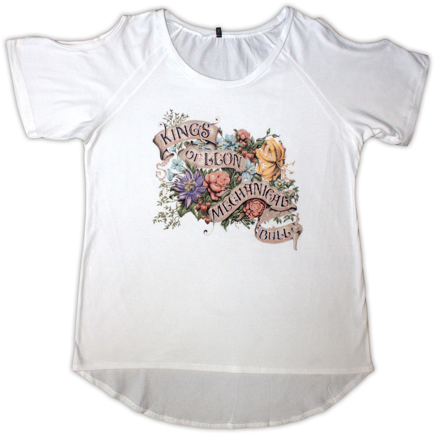 White t-shirt with floral design and “Kings of Leon” text, worn by a woman.