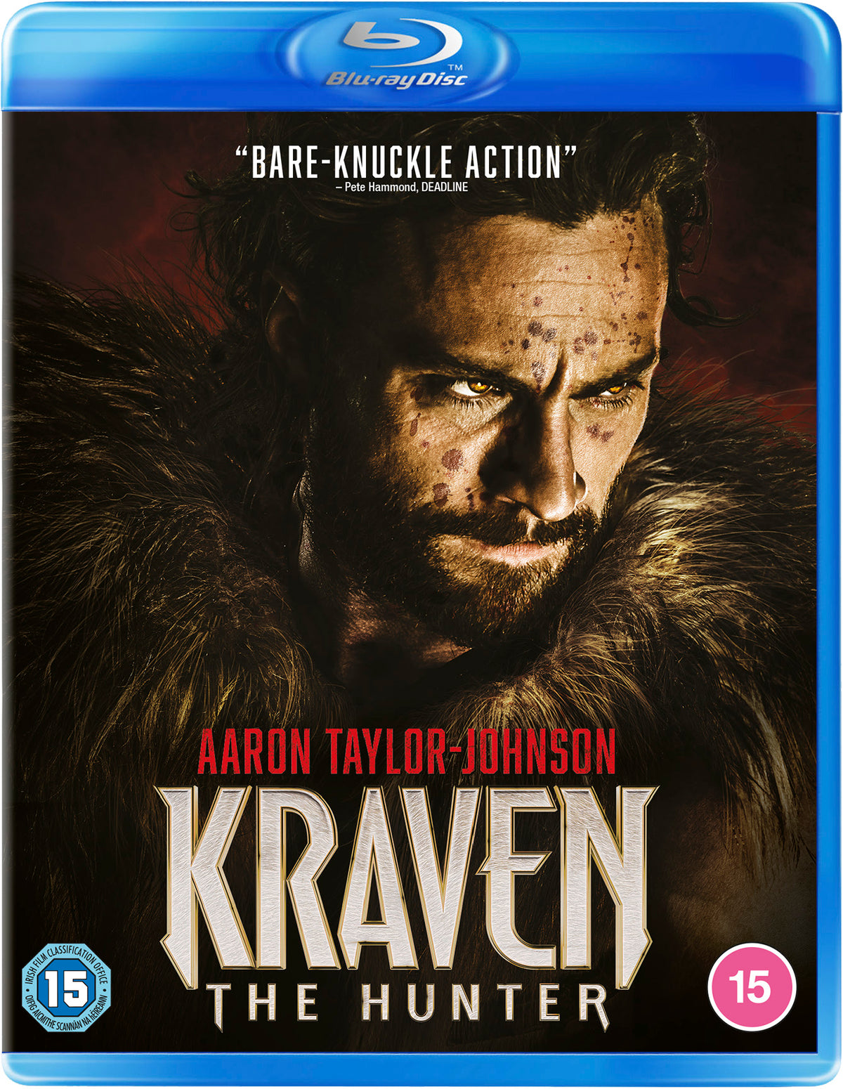 Blu-ray cover for "Kraven The Hunter" featuring Aaron Taylor-Johnson’s portrait.
