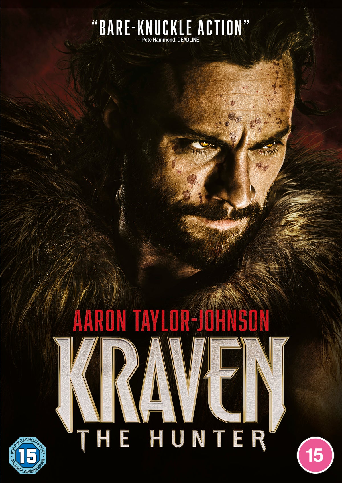 Kraven The Hunter DVD cover featuring Aaron Taylor-Johnson’s intense portrait.