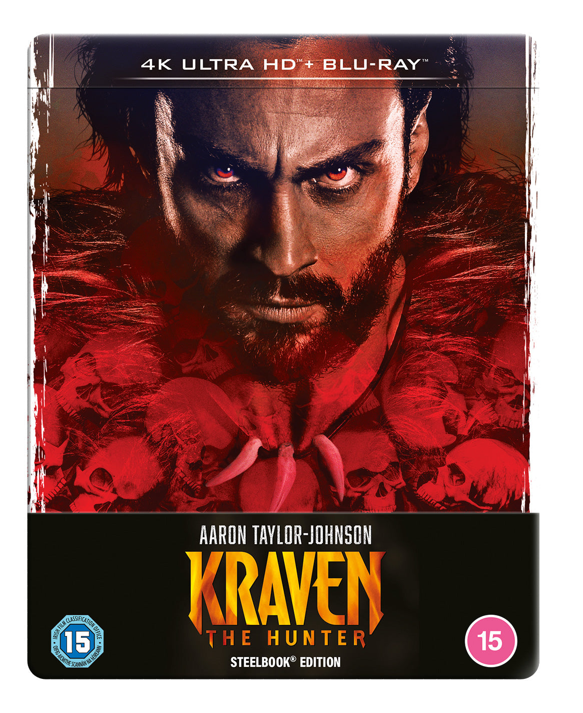 SteelBook case for "Kraven The Hunter" featuring Aaron Taylor-Johnson’s intense portrait.