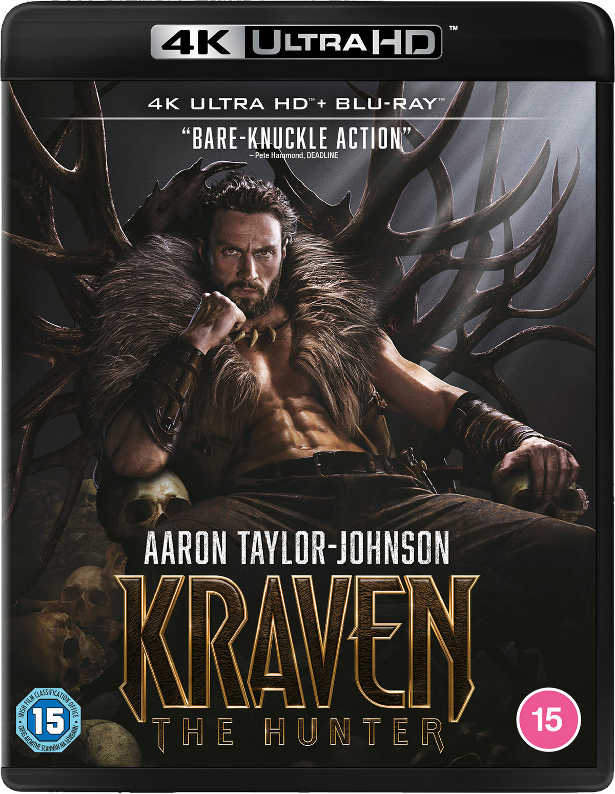 “Kraven The Hunter” UHD Blu-ray cover featuring Aaron Taylor-Johnson in character.