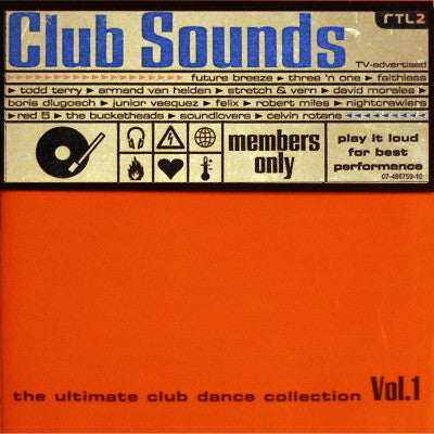 Orange CD cover for “Come Dancing Vol. 1” with club music artist names.