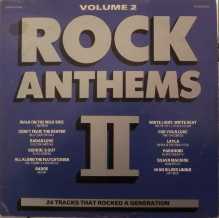 Blue “Rock Anthems Volume 2” vinyl record cover with white text and tracklist.