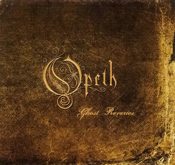 DVD cover for Opeth’s “Ghost Reveries” with gold lettering on brown texture.