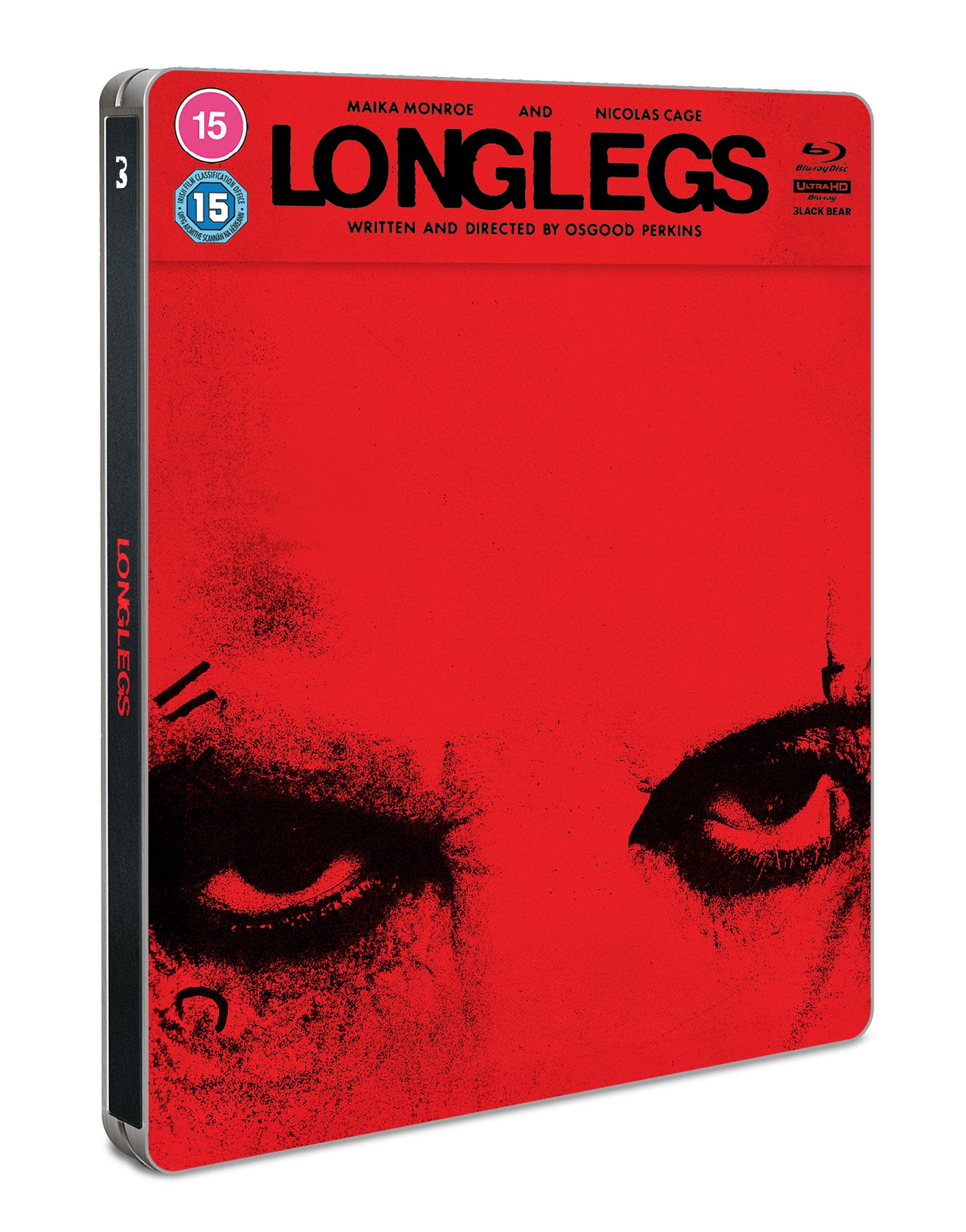 Red SteelBook Blu-ray cover for “Longlegs” featuring a partial face.