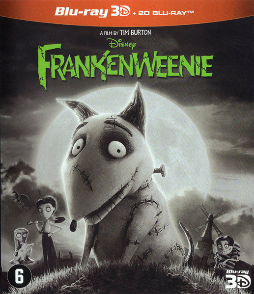 Frankenweenie Blu-ray cover featuring a stitched-together dog in a spooky landscape.