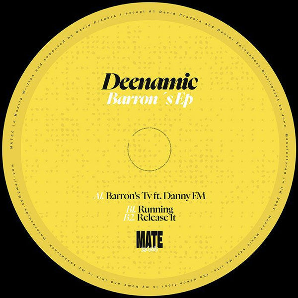 Yellow vinyl record label for "Deenamic - Barron's EP" with tracklist.