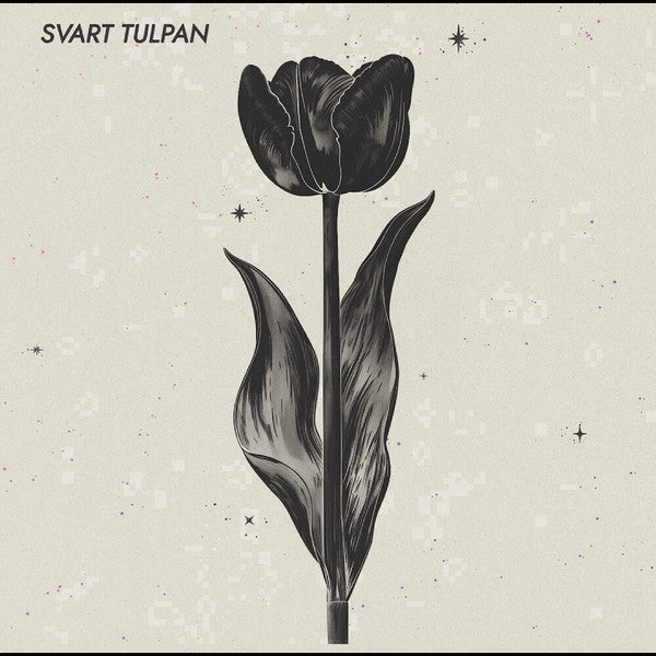 Black and white illustration of a tulip with sparse star-like details.