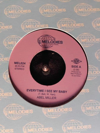 Pink vinyl record with black center label, displaying "Abel Miller - Every Time I See My Baby".