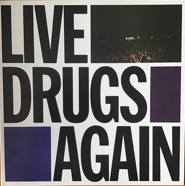 Album cover for "War On Drugs - Live Drugs Again" with concert photo.