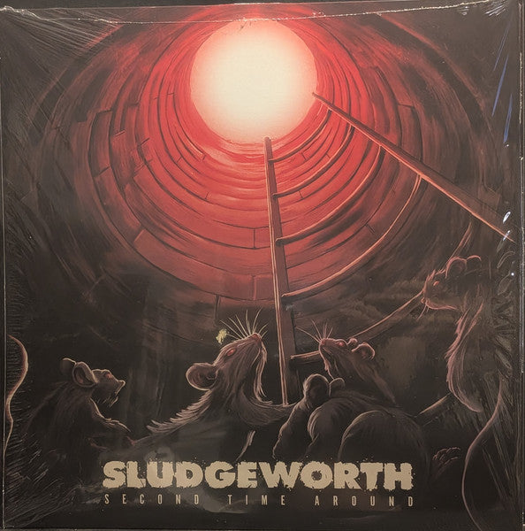 Sludgeworth album cover: rats gather at a tunnel opening with bright light.