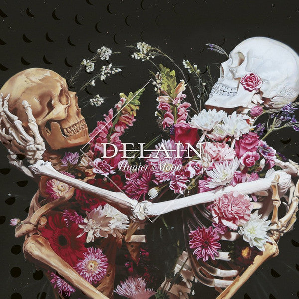 Two skeletons embracing amidst flowers and crescent moons, album artwork.
