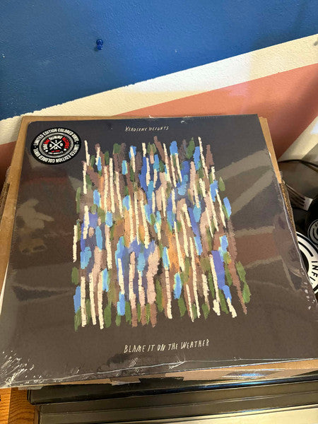 Vinyl record album, "Blame It On The Weather," with abstract painted cover.