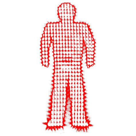 Red, pixelated silhouette of a standing human figure against white.