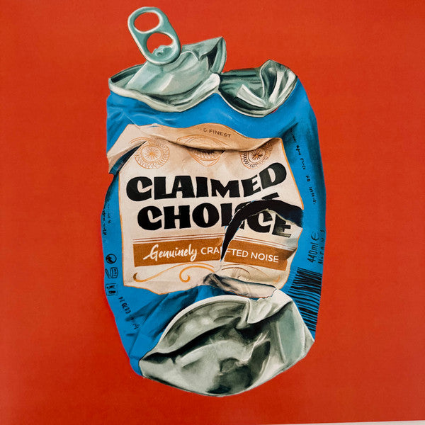 Crushed blue and silver can with "Claimed Choice" label on red background.