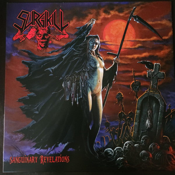 Album cover featuring a cloaked figure with a scythe in a graveyard under a red moon.
