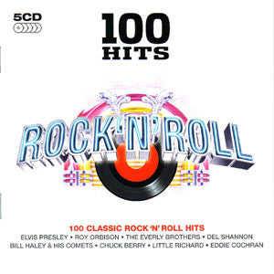 Five-disc CD set, “100 Hits Rock N’ Roll” with artist names listed.