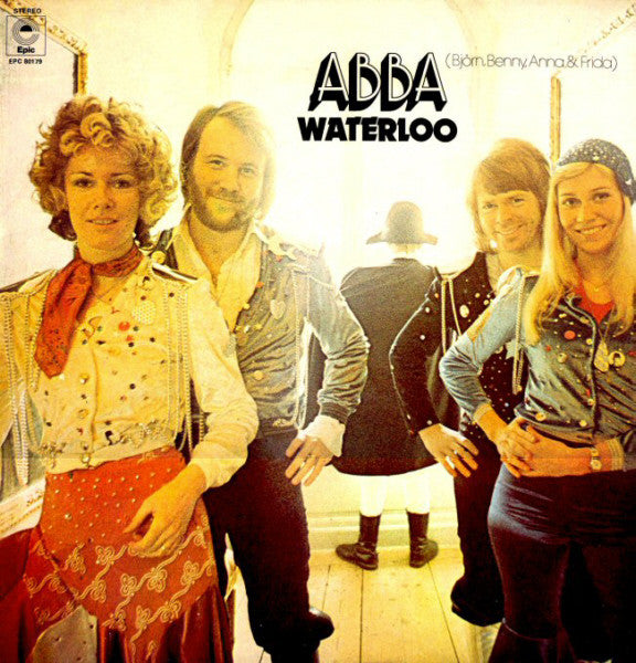 ABBA’s “Waterloo” vinyl album cover featuring the band members.