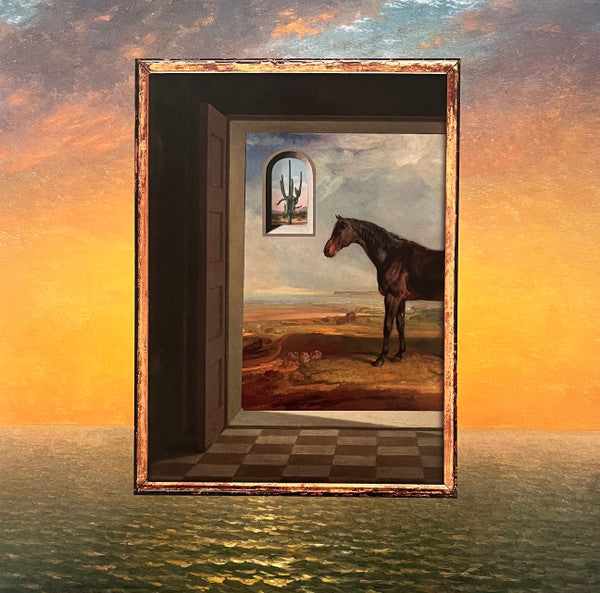 Painting of a dark horse standing in a desert landscape seen through a doorway.