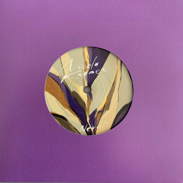 Vinyl record with abstract painted label in shades of brown, purple, and gold.
