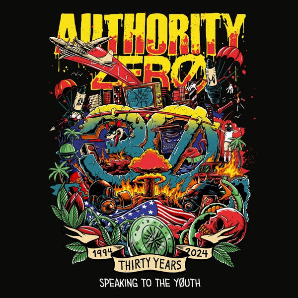 Authority Zero album cover: chaotic collage with text, explosions, and skulls.