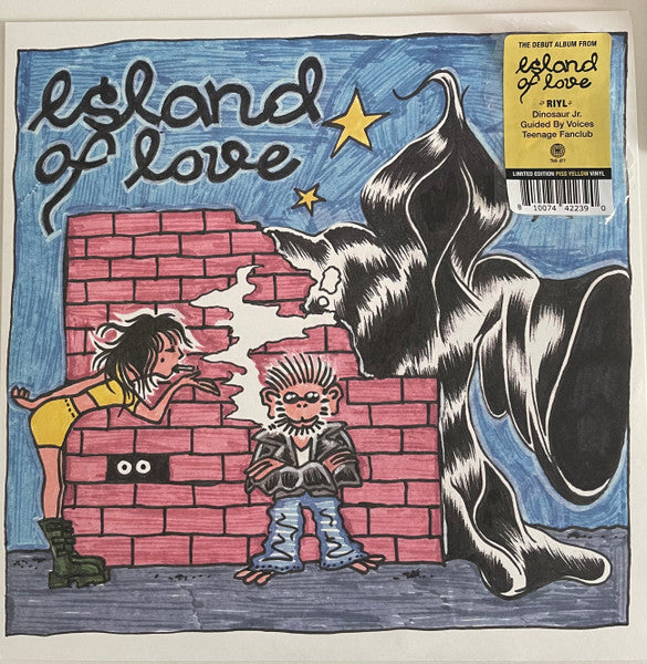Album cover: illustrated couple, brick wall, and large black dog.