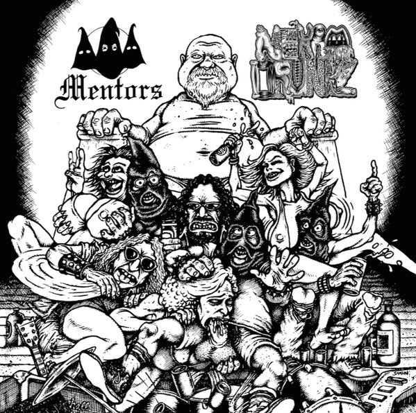 Black and white illustration of a chaotic party scene with figures drinking.