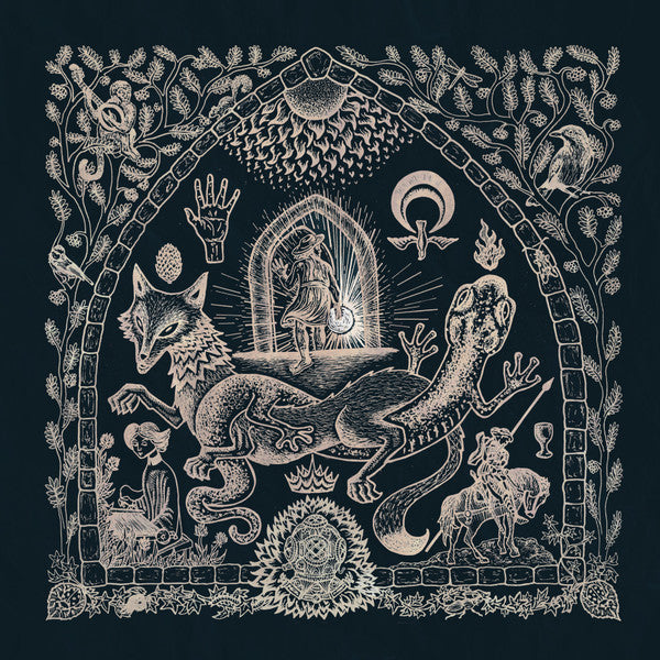 Intricate gold-toned illustration of animals, figures, and celestial symbols.