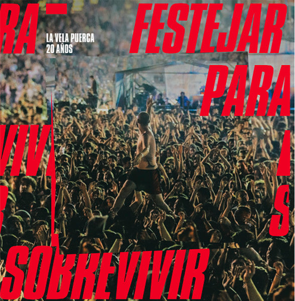 Vinyl record cover: crowd scene with a central figure, red text overlay.
