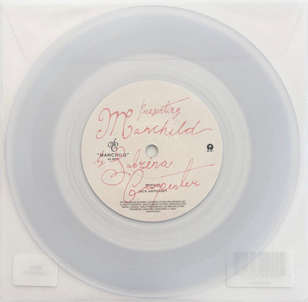 Clear vinyl record label with pink handwritten-style text and barcode.