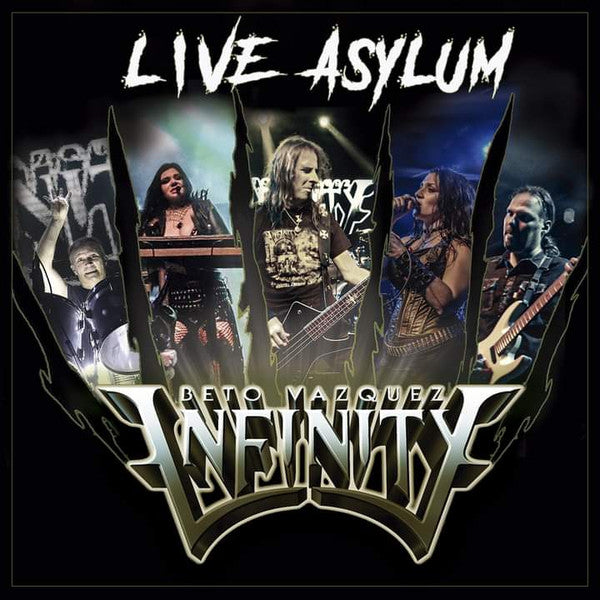 CD cover for Vazquez Infinity Beto’s “Live Asylum” featuring a rock band.