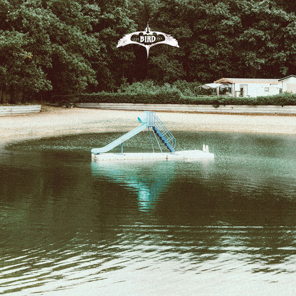 Floating blue slide on a lake, trees in background, album cover.