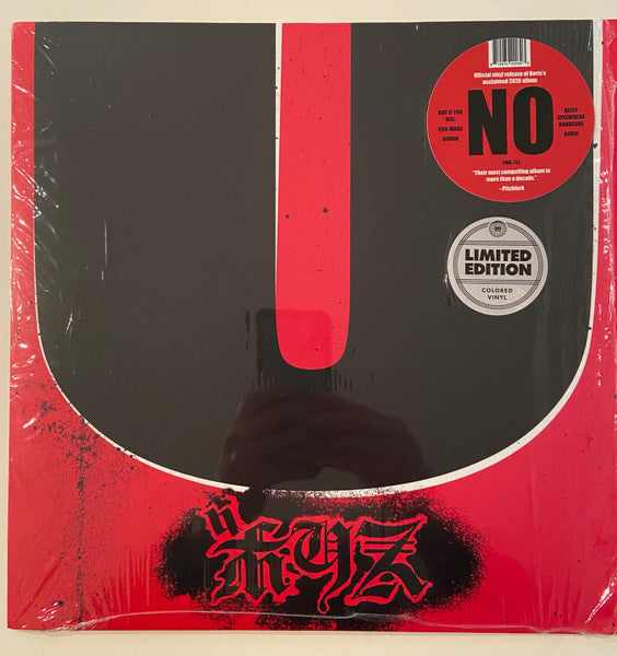 Black vinyl record in red sleeve with white "NO" text and graffiti.
